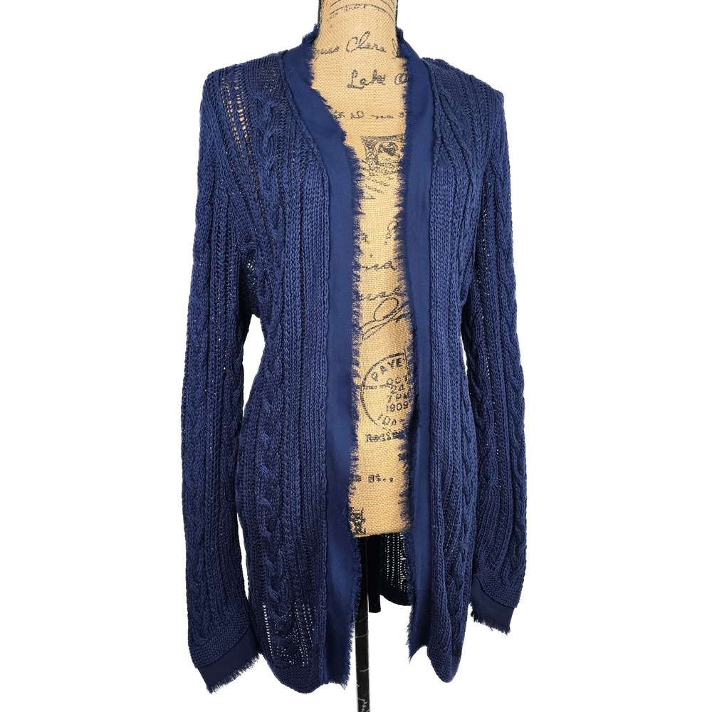Chico's Navy Blue Cable Knit Open Front Cardigan Fringe Trim Cotton Size 3 XL